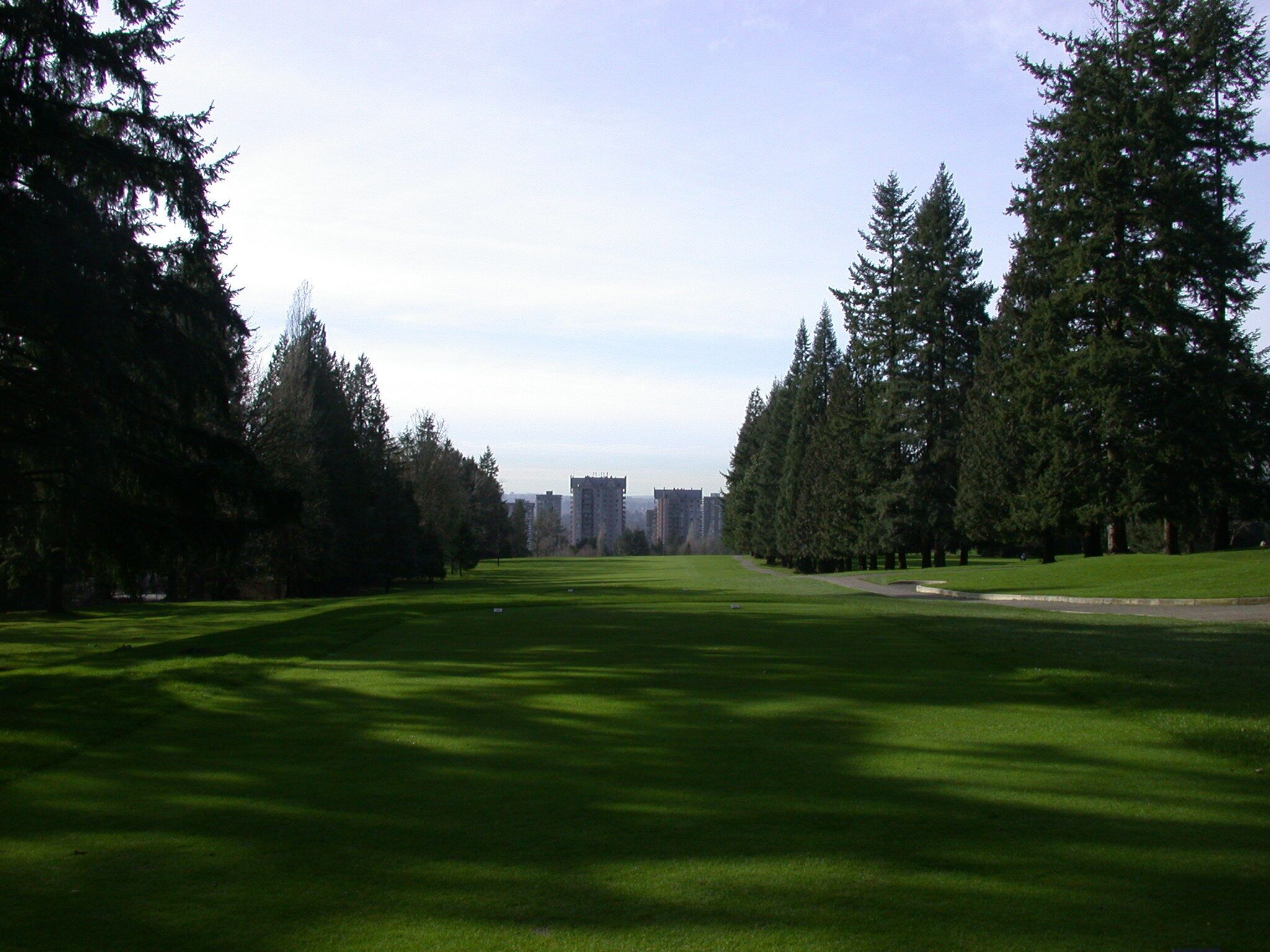 A golf course with a clear path, surrounded by tall trees and distant buildings.