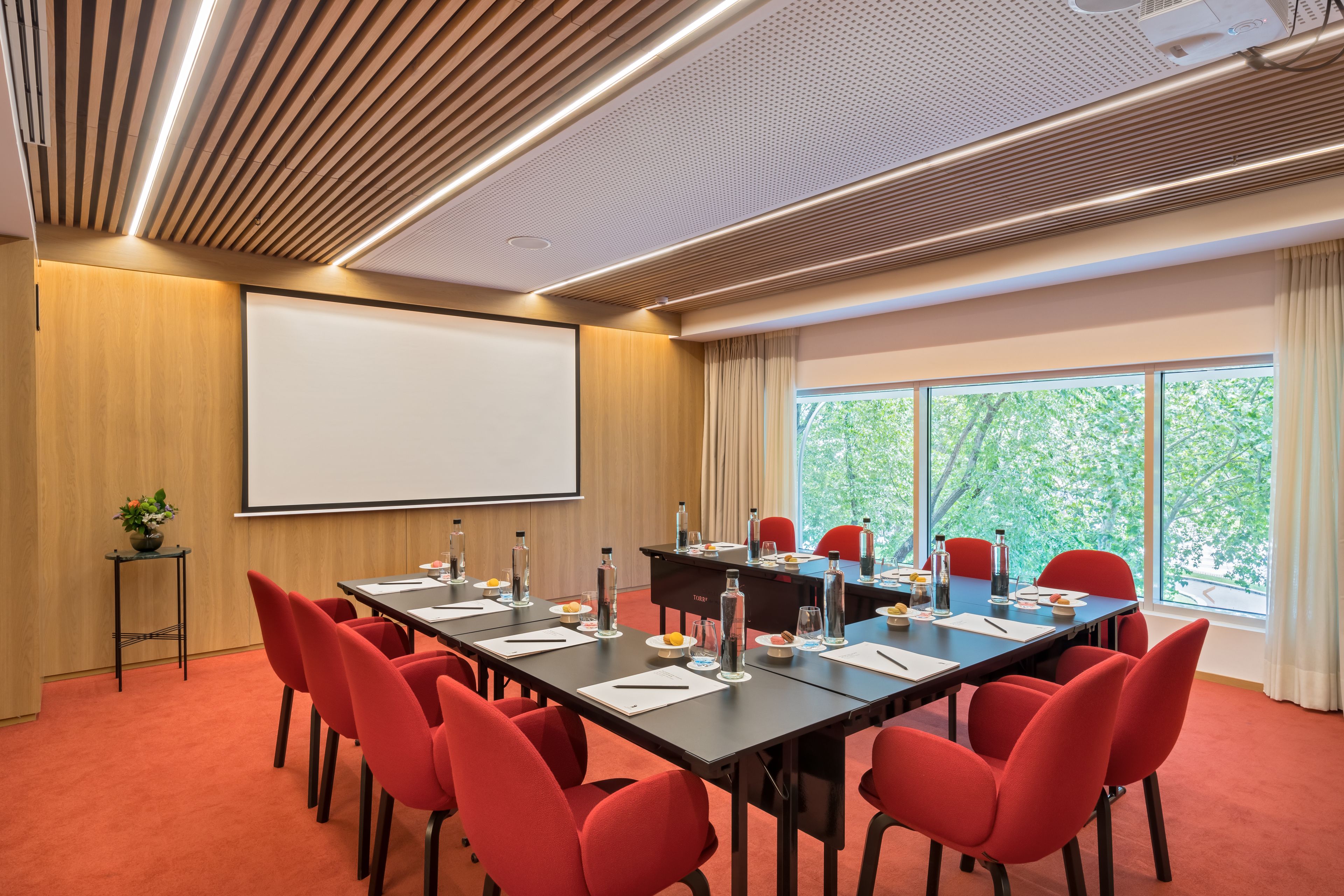 Une salle de conférence avec une longue table, des chaises rouges, un écran de projection et une grande fenêtre donnant sur un paysage arboré.