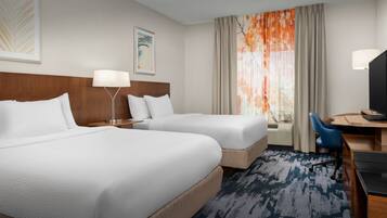 Desk, blackout drapes, soundproofing, iron/ironing board