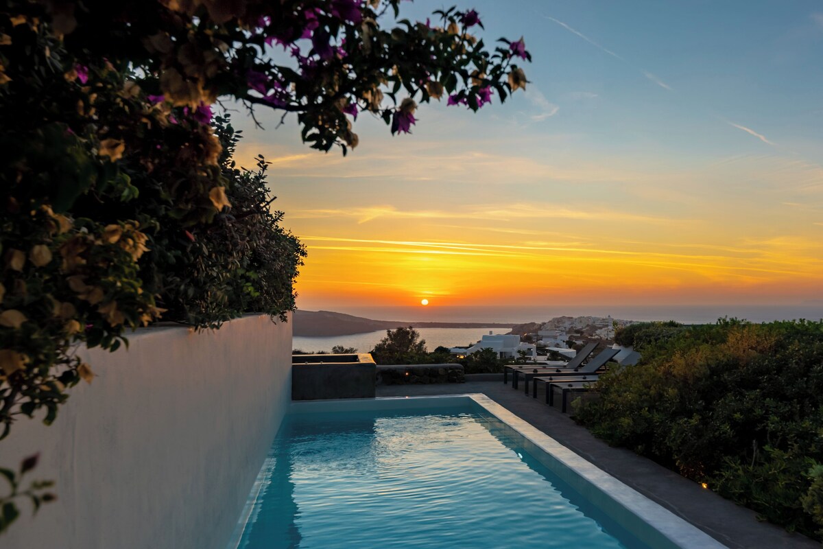 A swimming pool with a sunset view, surrounded by greenery and overlooking a coastal area.