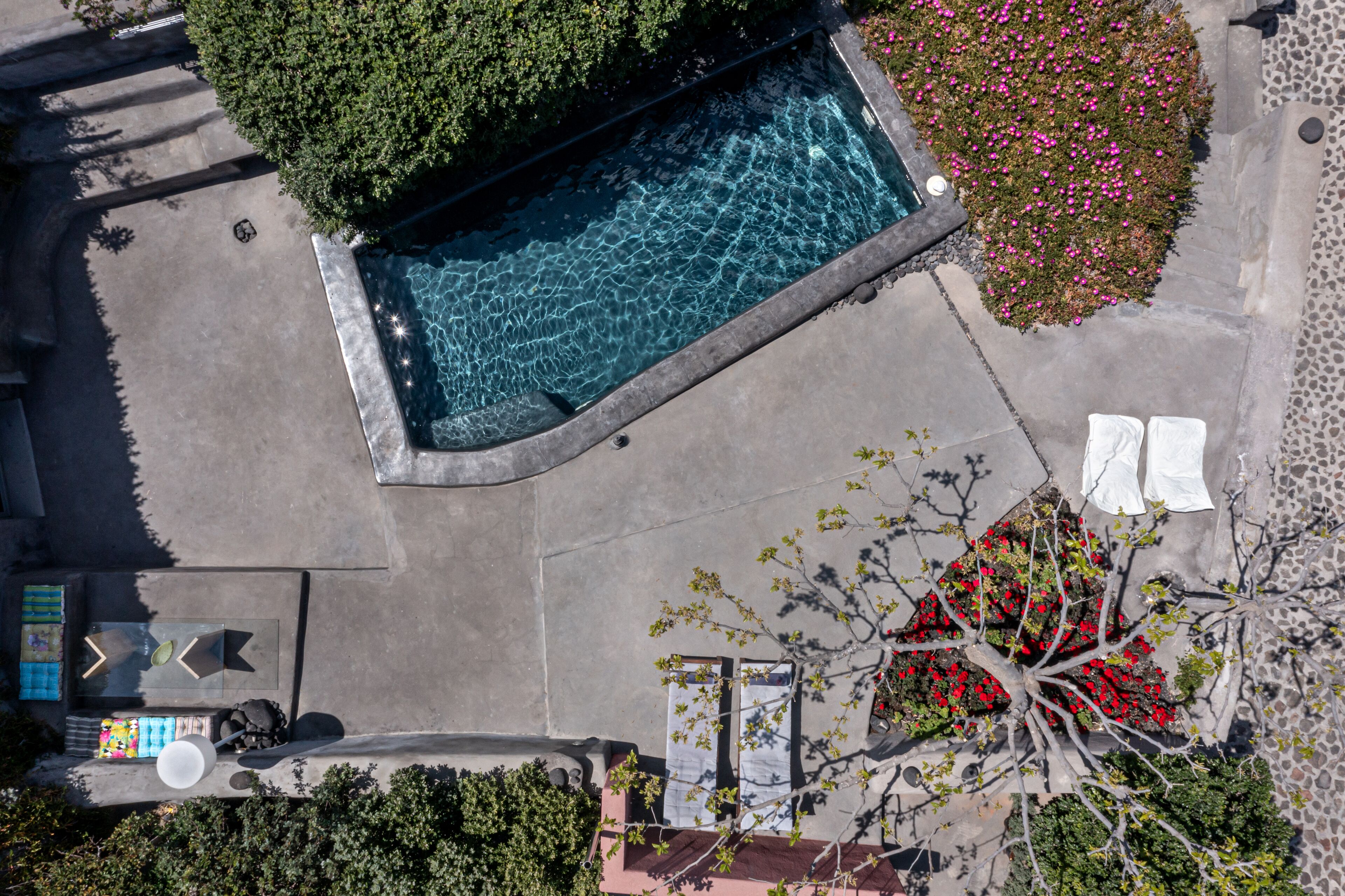 An aerial view of a swimming pool area with a surrounding garden, a seating area with umbrellas, and a small deck with lounge chairs.