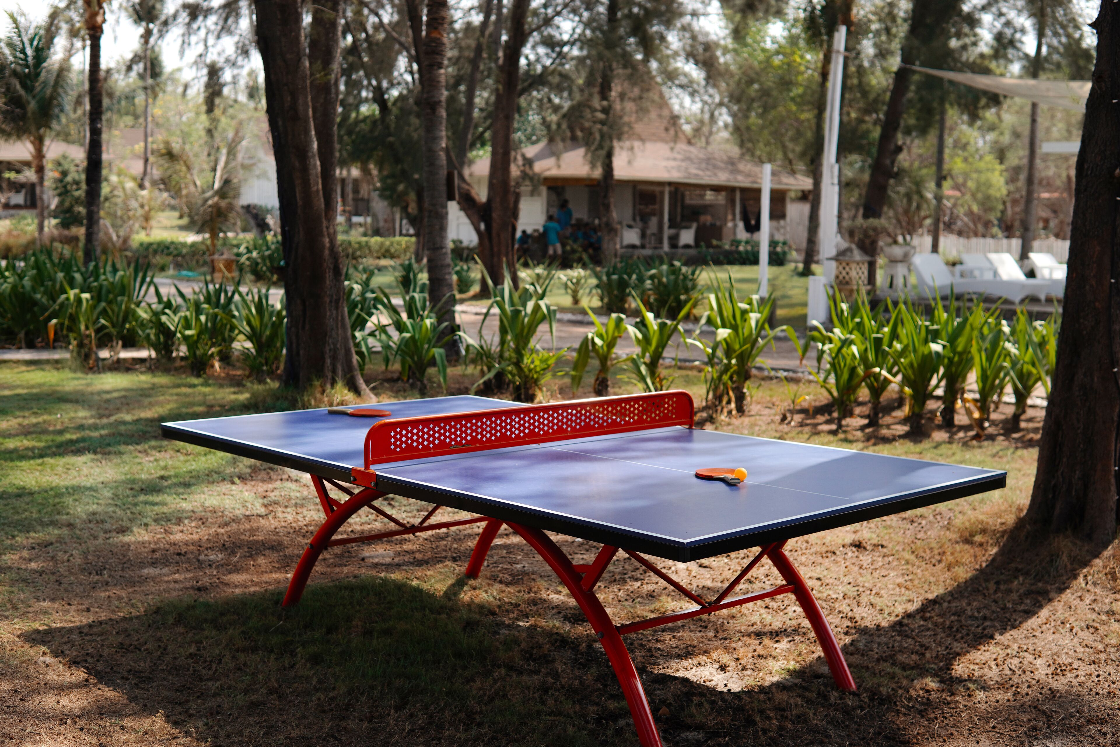 Mesa de ping pong exterior con patas rojas, rodeada de árboles y césped.