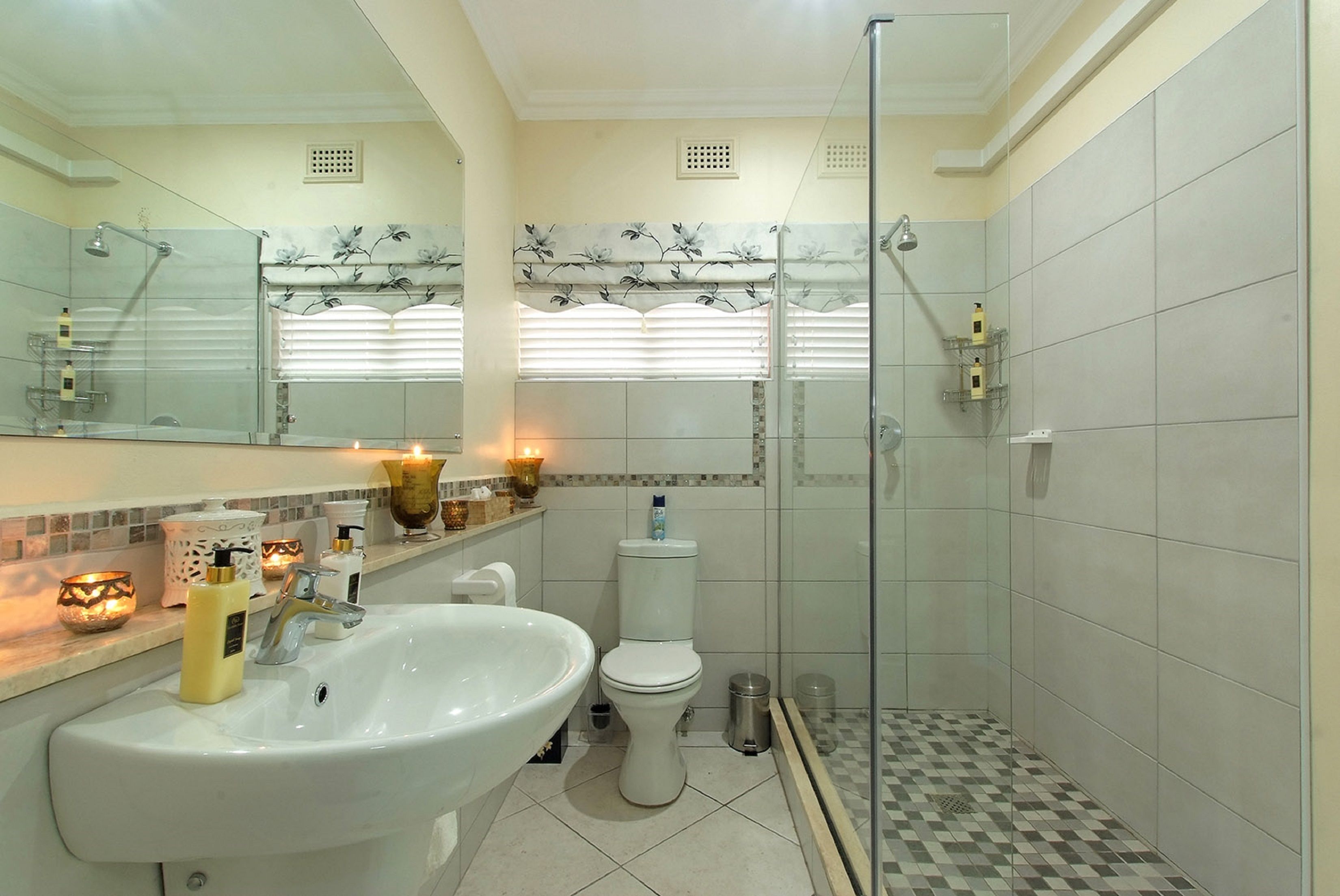 Une salle de bain avec un lavabo, des toilettes et une douche.