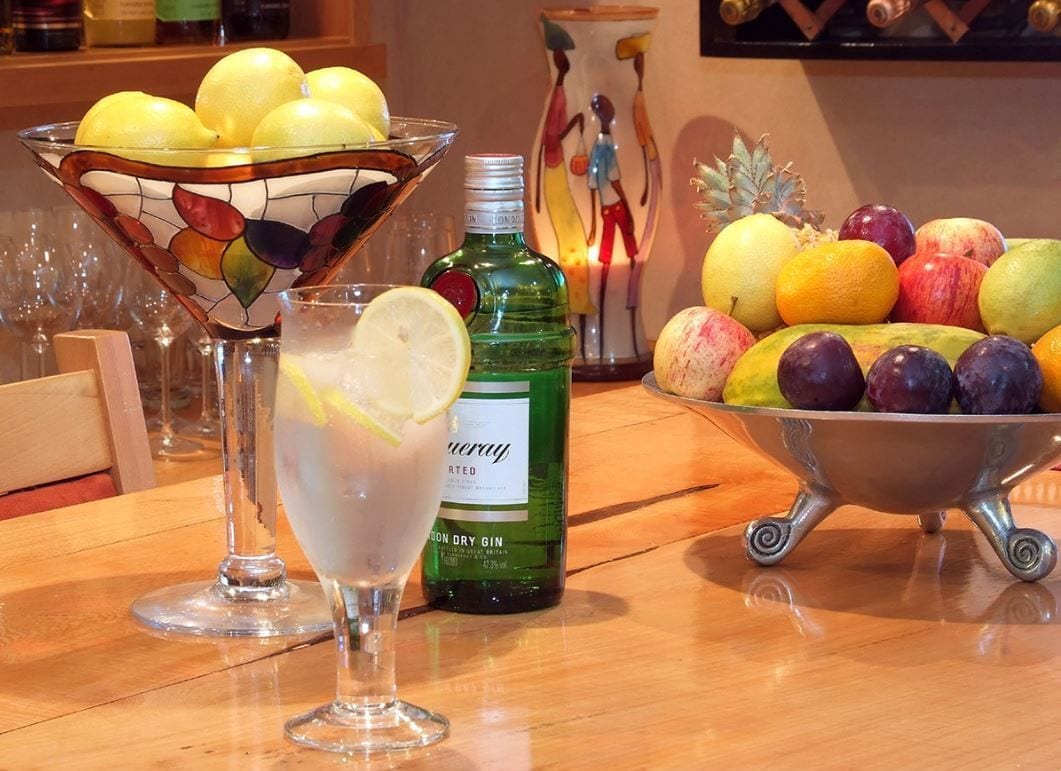 A table with a martini glass, a bottle of gin, a bowl of fruit, and a decorative vase.