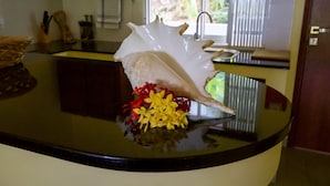 A kitchen counter with a decorative shell and yellow flowers.