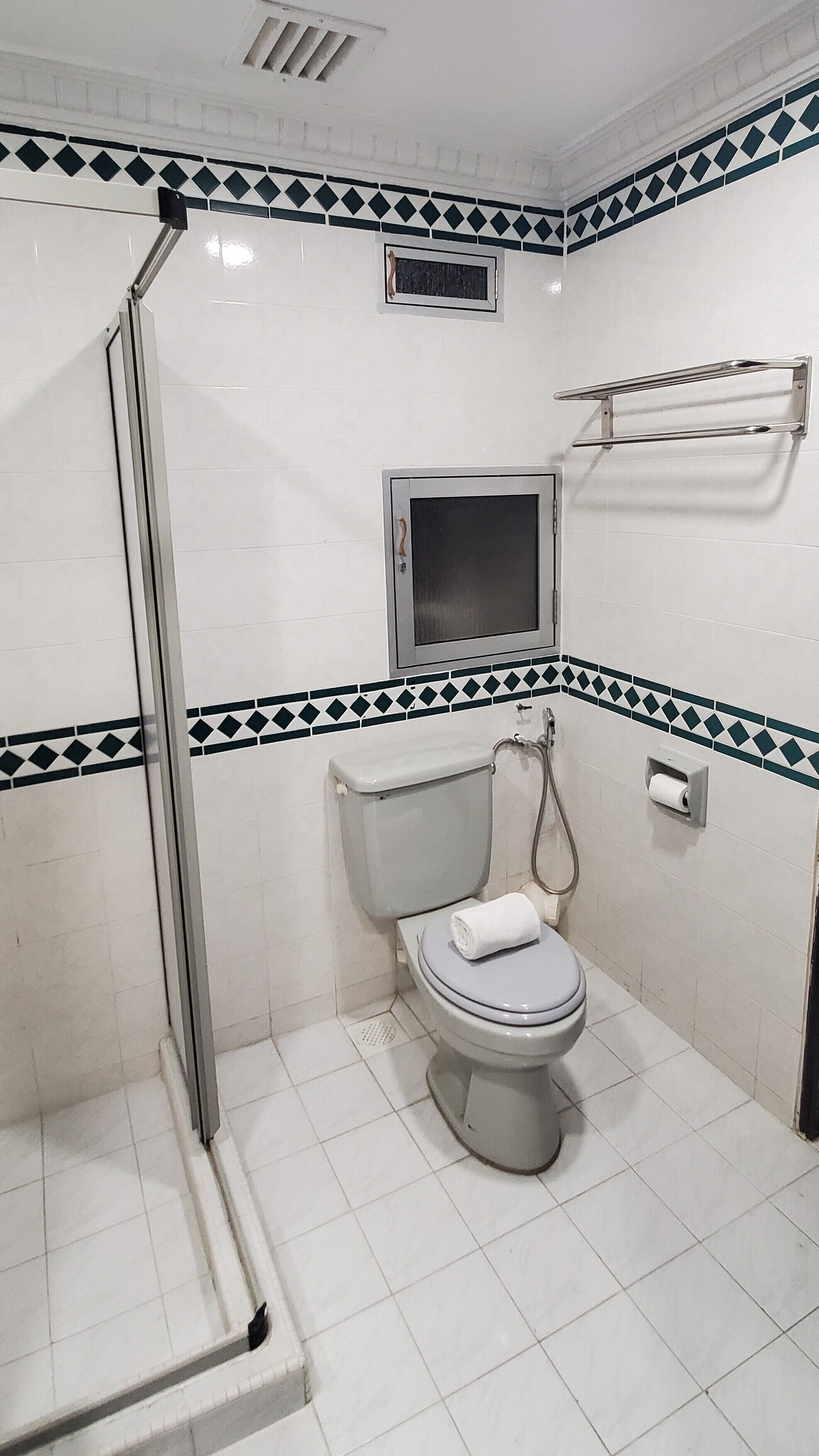 A bathroom with a toilet, a shower, and a sink.