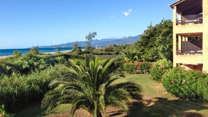 A building with a balcony overlooking a garden with palm trees and a view of the sea and mountains. - Résidence Marina Corsa (Ghisonaccia)