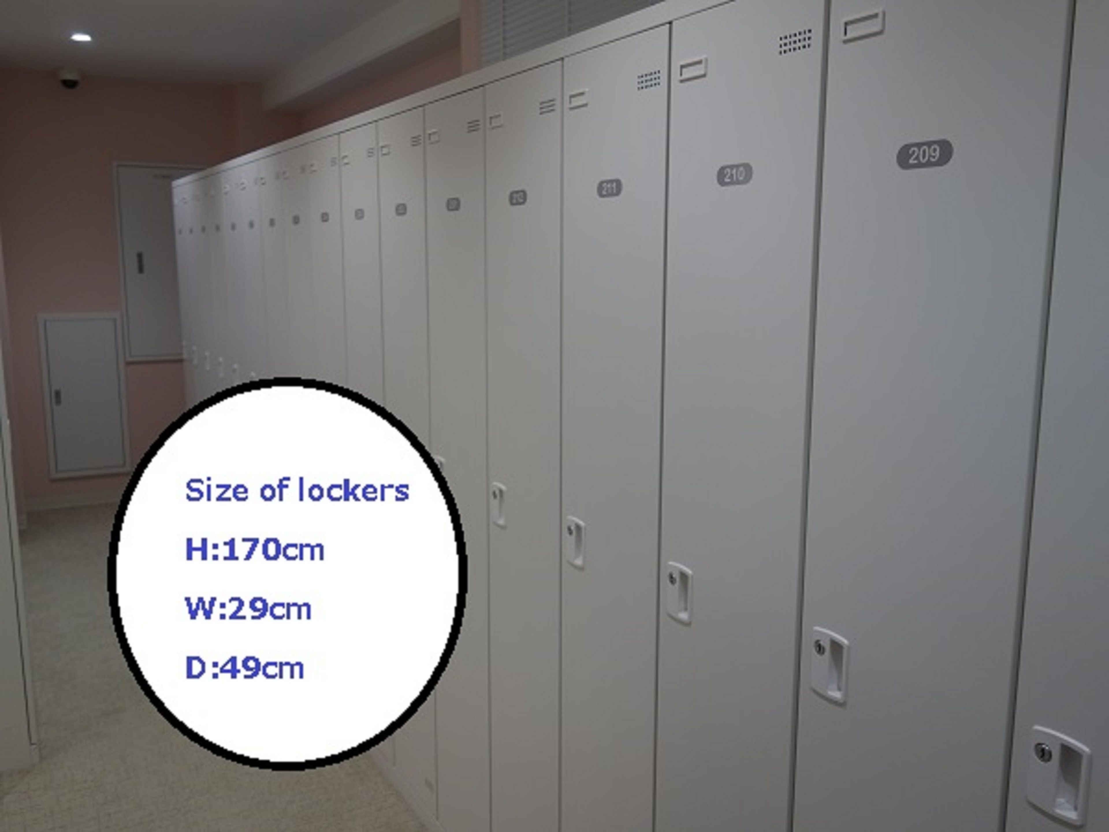 A row of lockers with size labels.