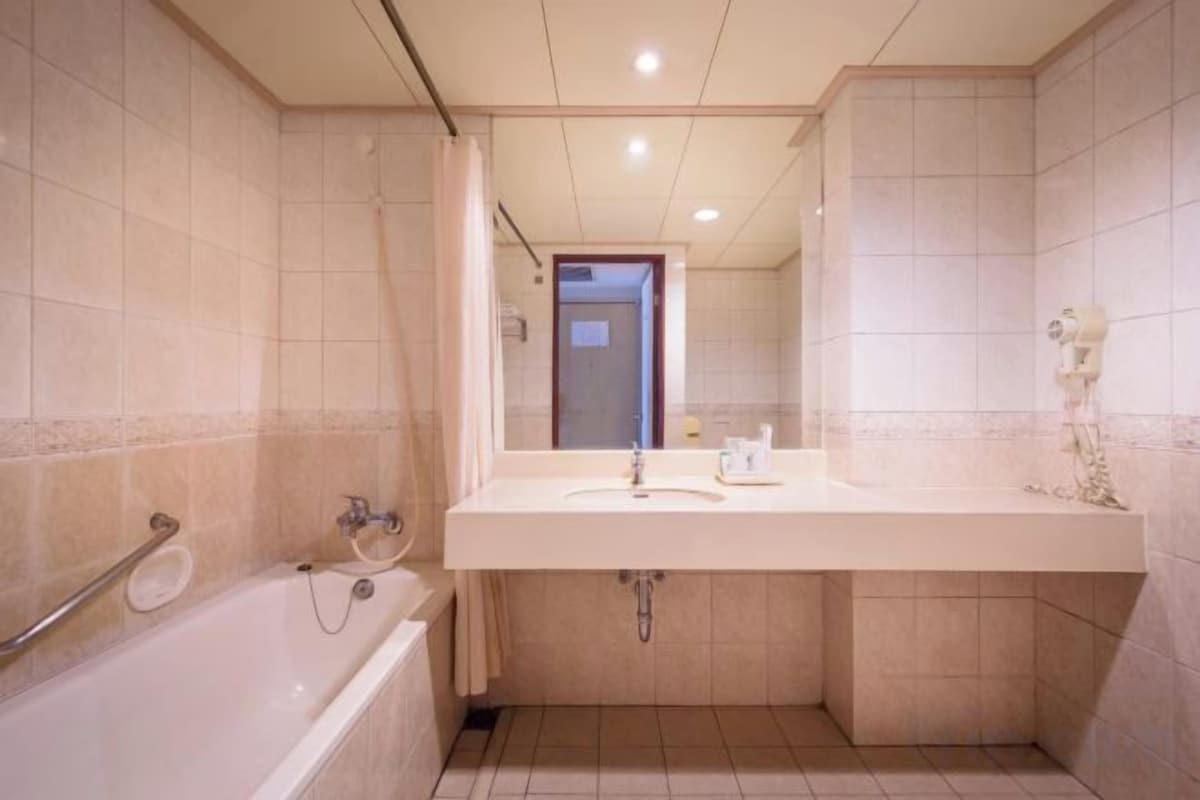 Combined shower/tub, deep soaking tub, hair dryer, towels