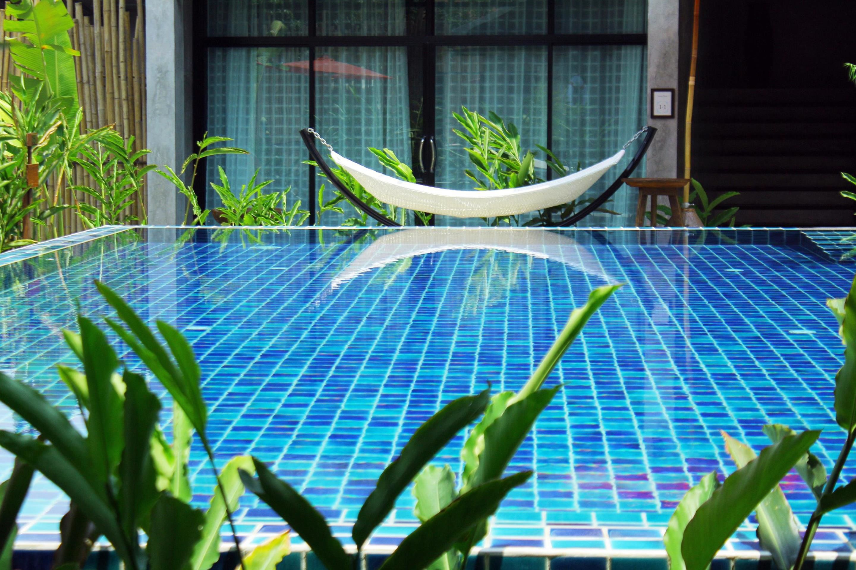 outdoor pool, pool umbrellas, pool loungers