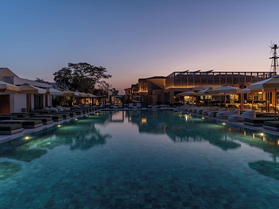 Outdoor pool, pool umbrellas, pool loungers