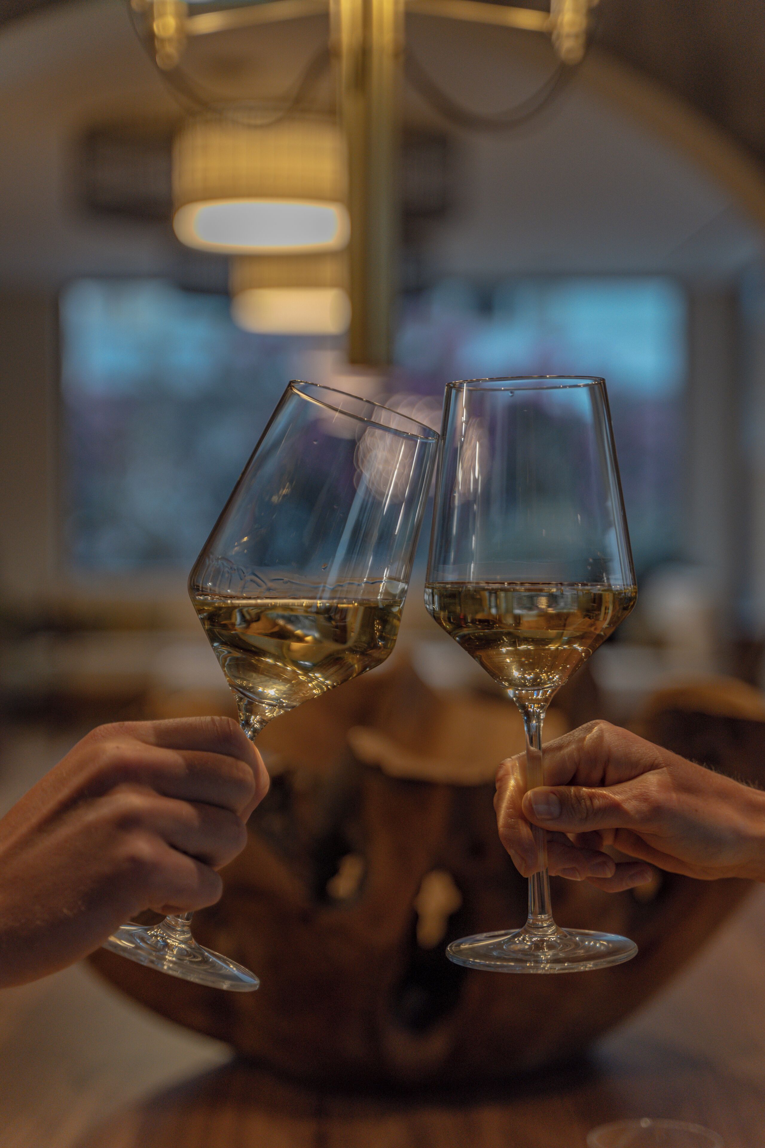 Two people holding wine glasses.