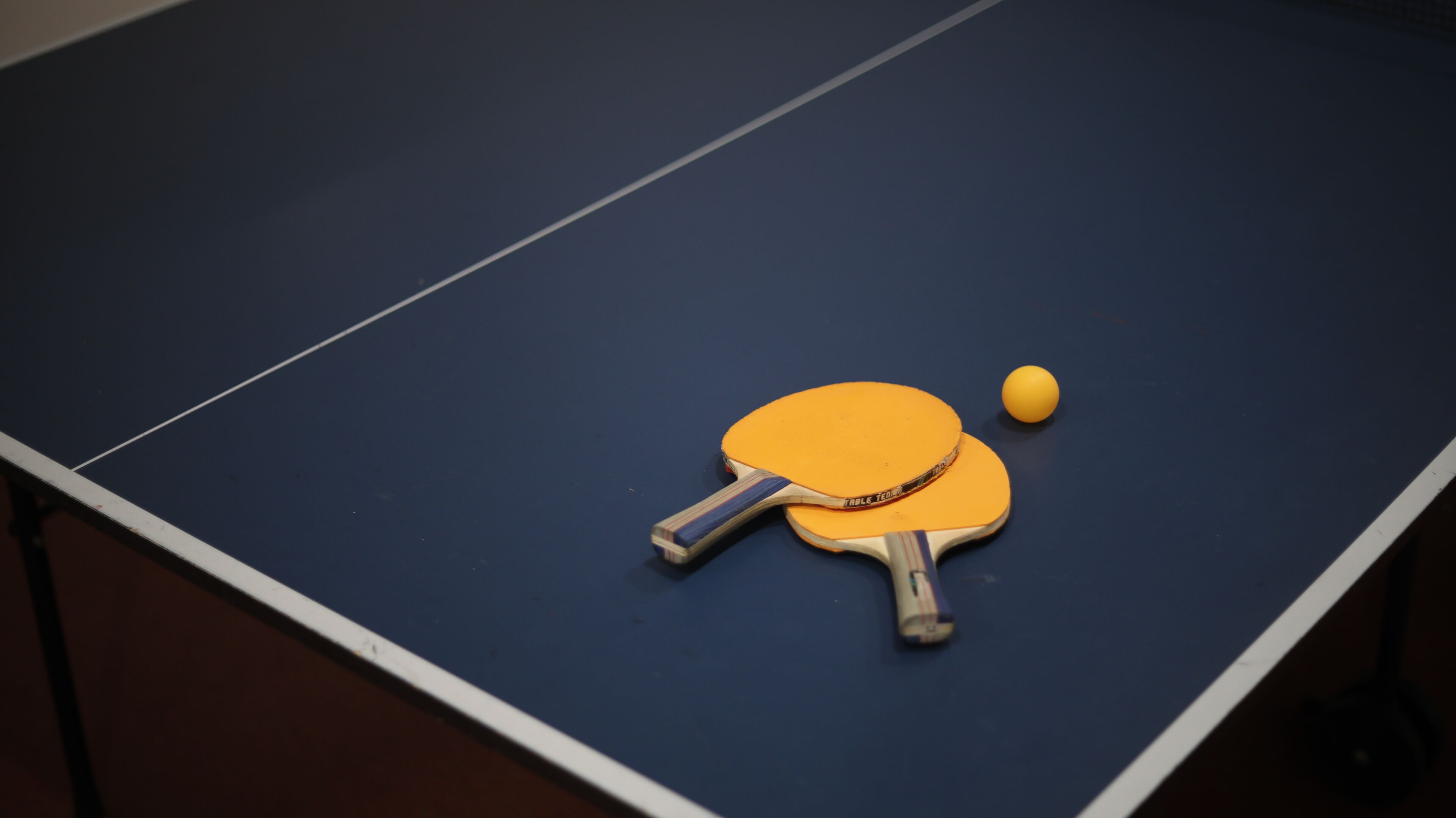 A table tennis table with two paddles and a ball.