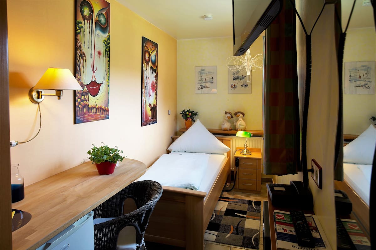 A compact hotel room with a single bed, a desk with a lamp, a chair, a small table with a plant, and a TV.