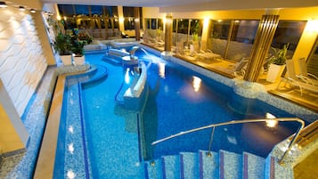 Indoor pool, seasonal outdoor pool, pool loungers