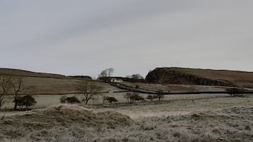 Paisatge rural amb una construcció petita, possiblement una masia, envoltat de camps i una massa d'aigua.