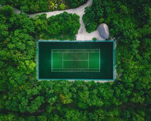 An aerial view of a tennis court surrounded by dense greenery.