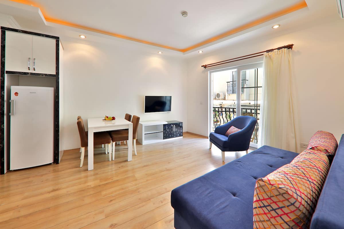 Economy appartement, 1 slaapkamer, uitzicht op tuin | Woonruimte | Een 55-inch smart-tv met satellietzenders