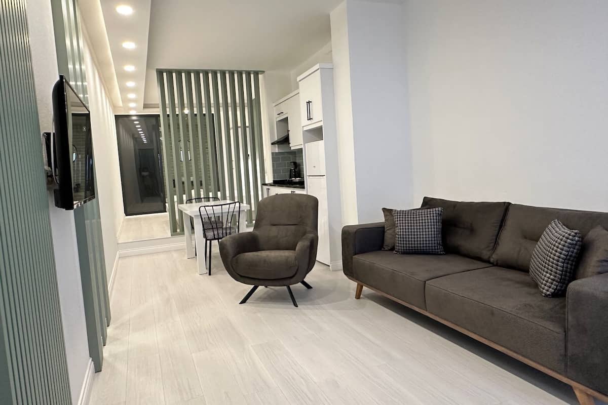 Deluxe studio suite, op benedenverdieping | Woonruimte | Een 55-inch smart-tv met satellietzenders