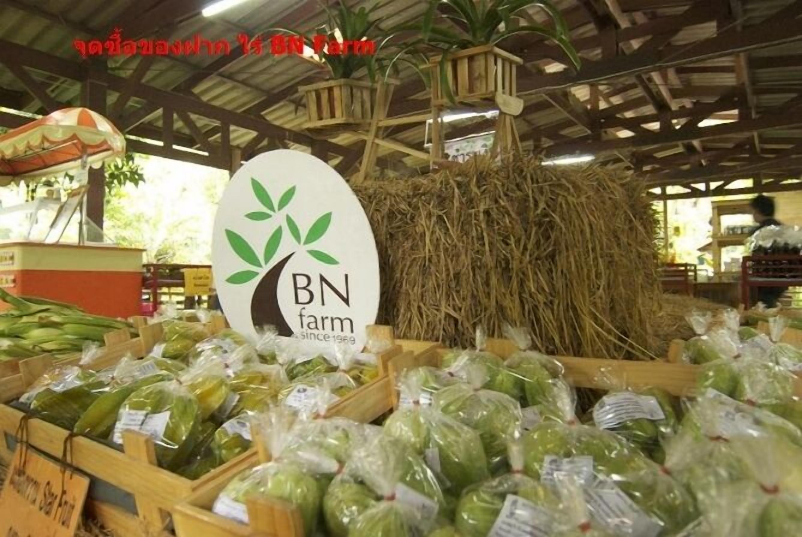 A market stall with a sign reading "BN farm" and various packaged vegetables.