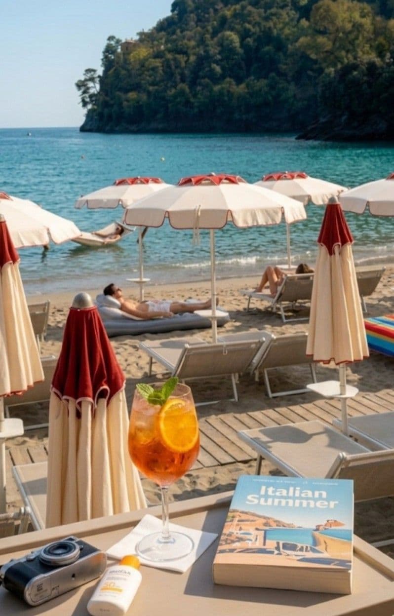 Un espace de détente aménagé sur la plage, avec des chaises longues, des parasols et une boisson servie avec une paille.