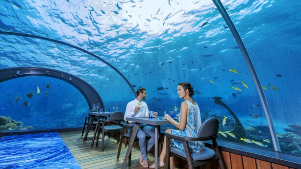 Un restaurant sous-marin doté d’une paroi en verre incurvée, de tables, de chaises et offrant une vue sur les poissons qui nagent dans l’eau.