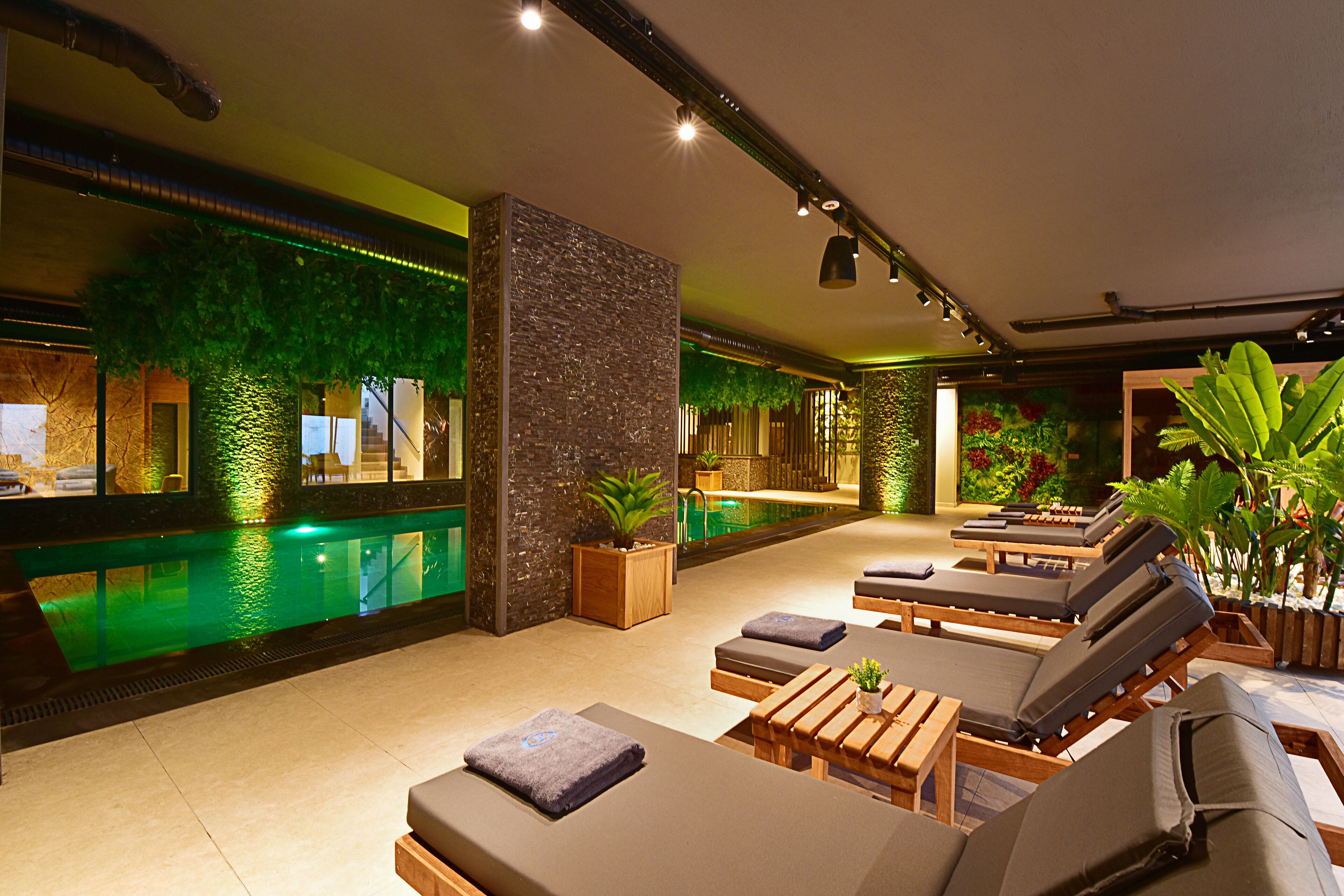 A spa area with a pool, lounge chairs, and a reception desk.