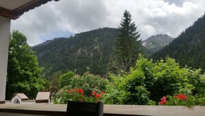 Ein Balkon mit Blick auf eine Berglandschaft, ein Holzstuhl und ein Blumentopf mit roten Blüten.