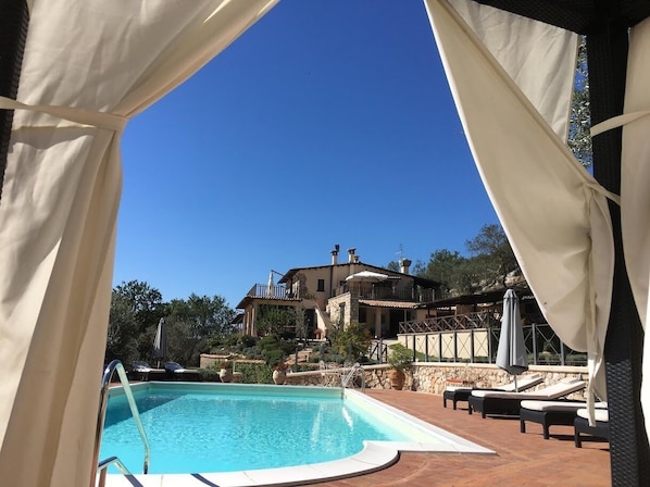 Outdoor pool, a heated pool, pool loungers