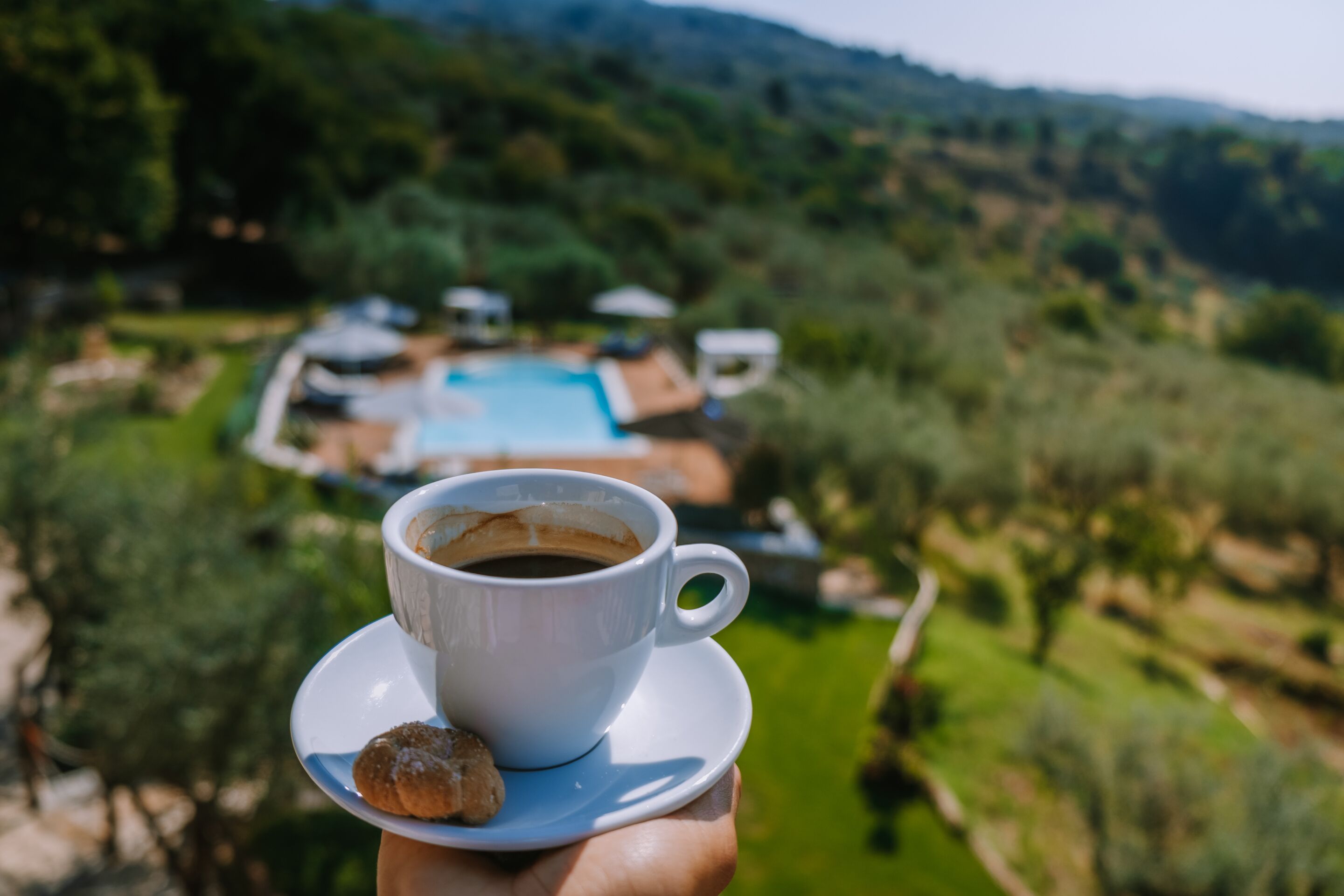 A cup of coffee and a pastry held in a hand, with a pool and greenery in the background.