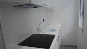 A compact kitchenette with a white countertop, a black induction cooktop, a white sink, and a small cabinet above the sink. - LHP Suite Rapallo (Rapallo)