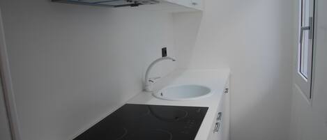 A compact kitchenette with a white countertop, a black induction cooktop, a white sink, and a small cabinet above the sink.
