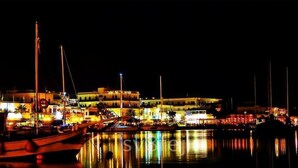 Un puerto deportivo de noche con barcos amarrados y edificios iluminados.