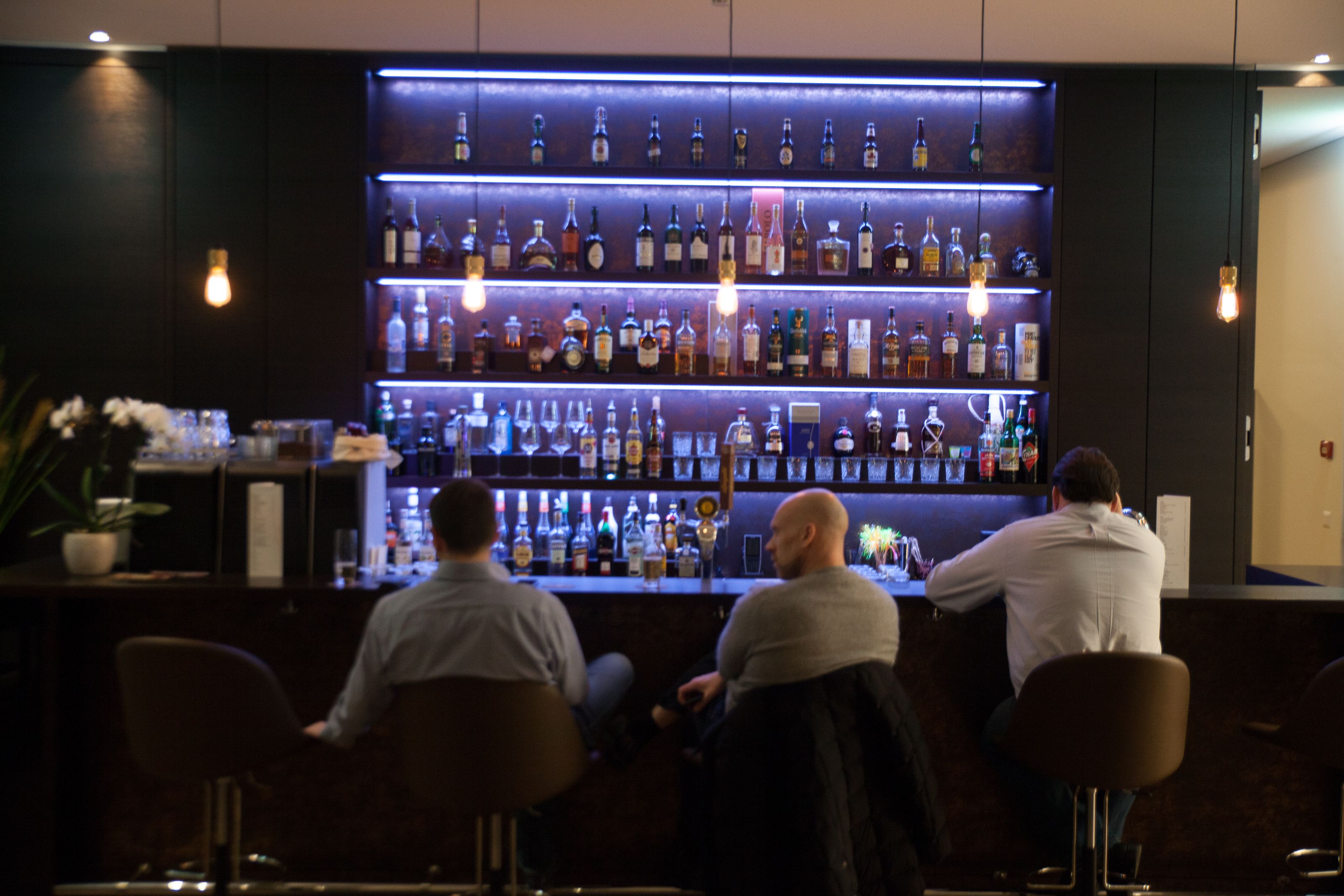 Een bar met verschillende flessen en glazen, een bloempot en barstoelen.