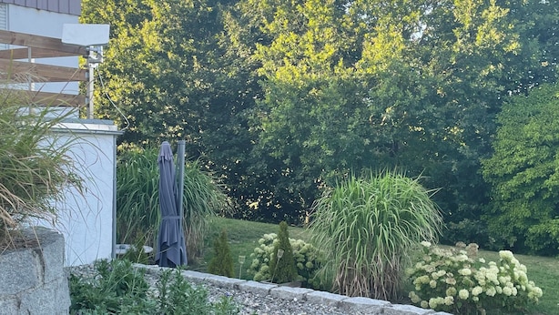 A landscaped garden with a stone retaining wall, various plants, and a wooden deck. - Luxus Ferienapartment “ Im Feldle „ (Kirchheim am Ries)