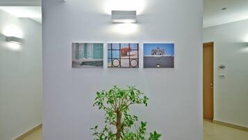 Un pasillo con tres cuadros enmarcados en la pared, una planta en maceta y una puerta con la leyenda '107'.