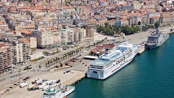 Un gran crucero amarrado en un puerto, con un paisaje urbano de fondo.
