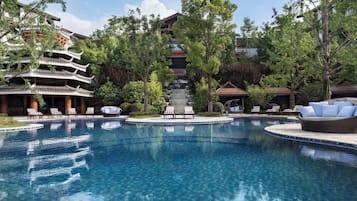 Indoor pool, outdoor pool, sun loungers