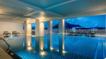 Indoor pool, outdoor pool, open 7:00 AM to 7:00 PM, pool umbrellas