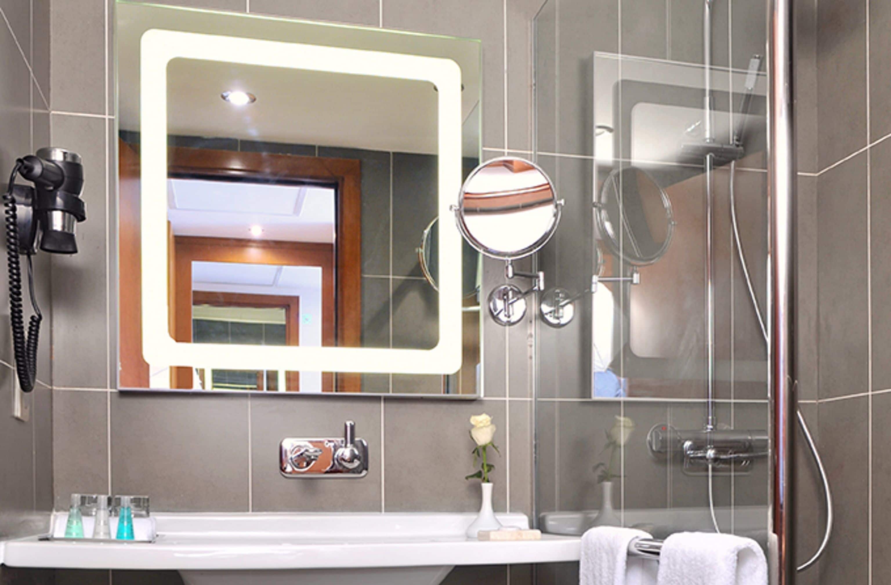 shower, rainfall showerhead, hair dryer, bathrobes