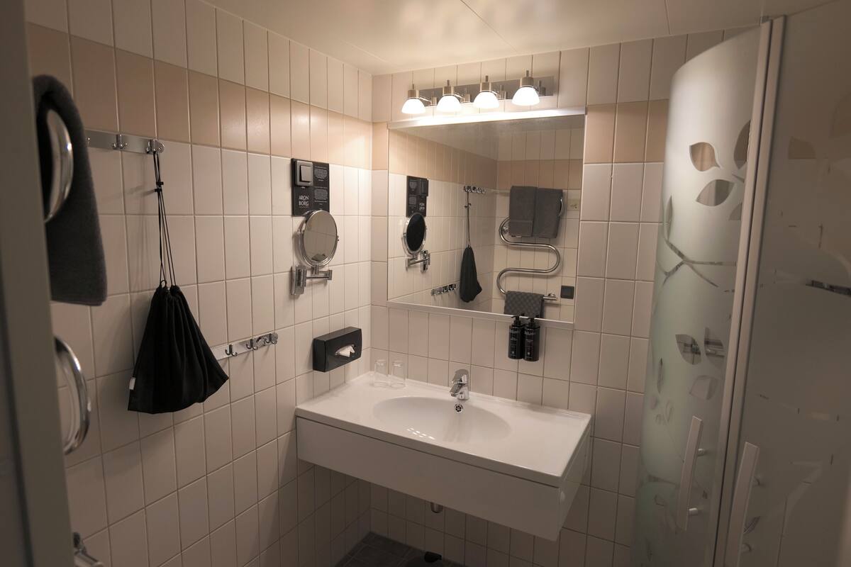 shower, hair dryer, towels, shampoo