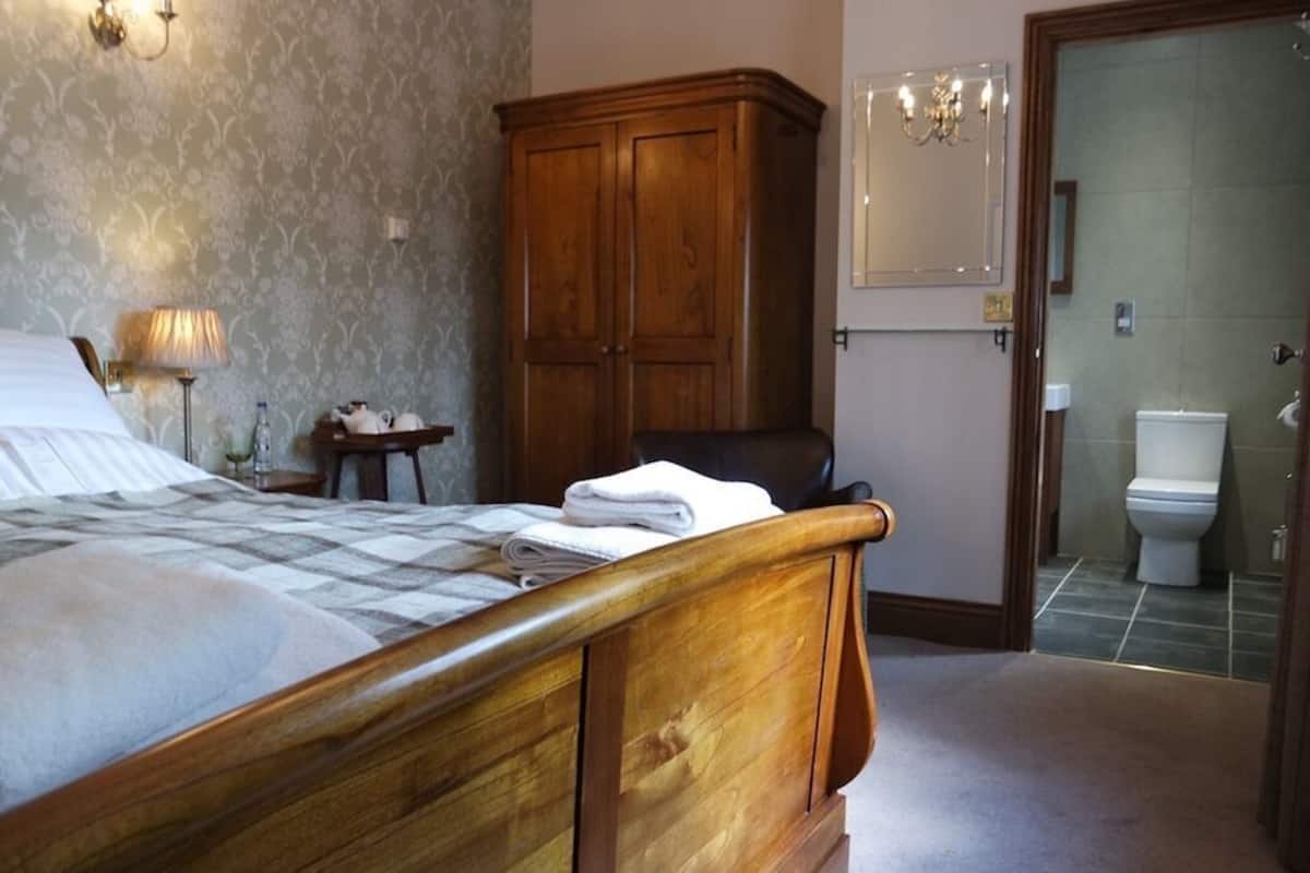 Ein Schlafzimmer mit einem Holzbett, einem Nachttisch, einem Kleiderschrank, einem Spiegel und einem Badezimmer mit Toilette und Waschbecken.