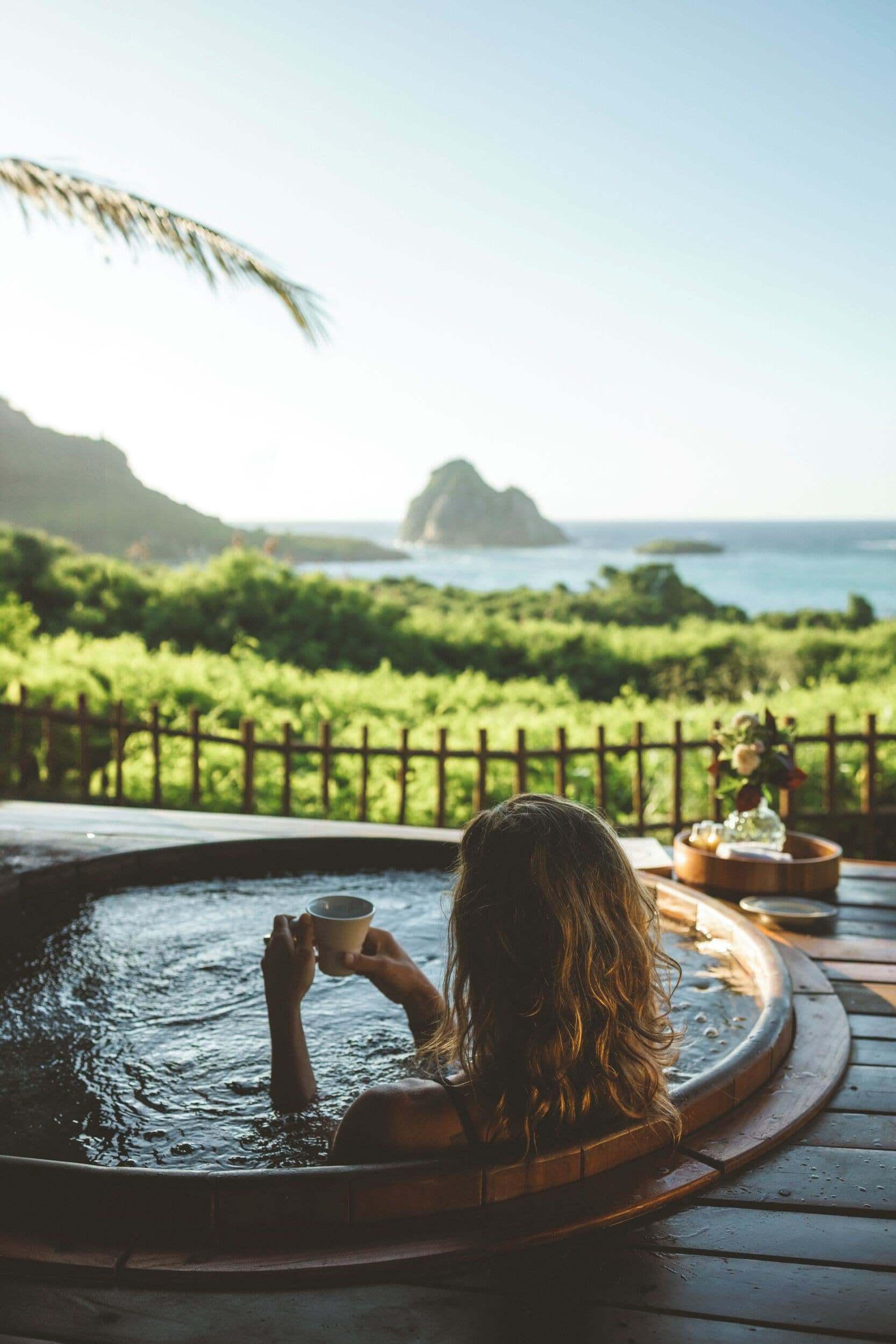 A person relaxing in a hot tub with a view of the ocean and greenery.