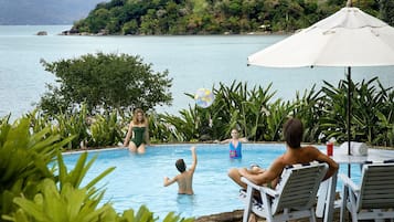 Outdoor pool, pool umbrellas, pool loungers