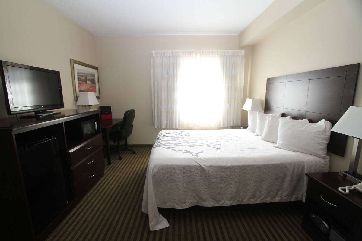 A hotel room with a bed, a desk with a television, a chair, and a window with curtains.