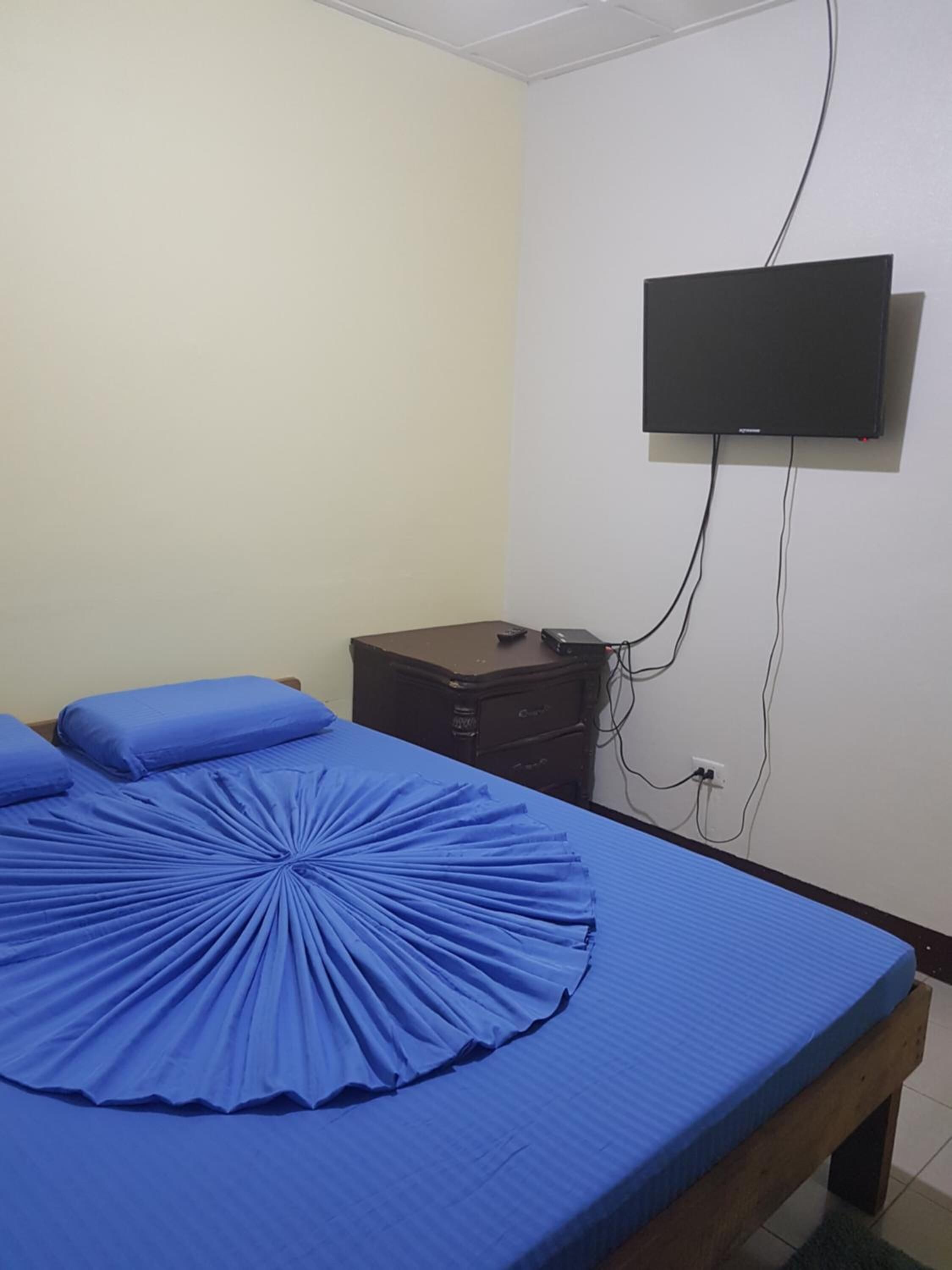 Una habitació amb un llit, una petarrera i un televisor fixat a la paret.