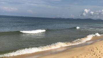 A beach with waves, a clear sky, and distant ships.