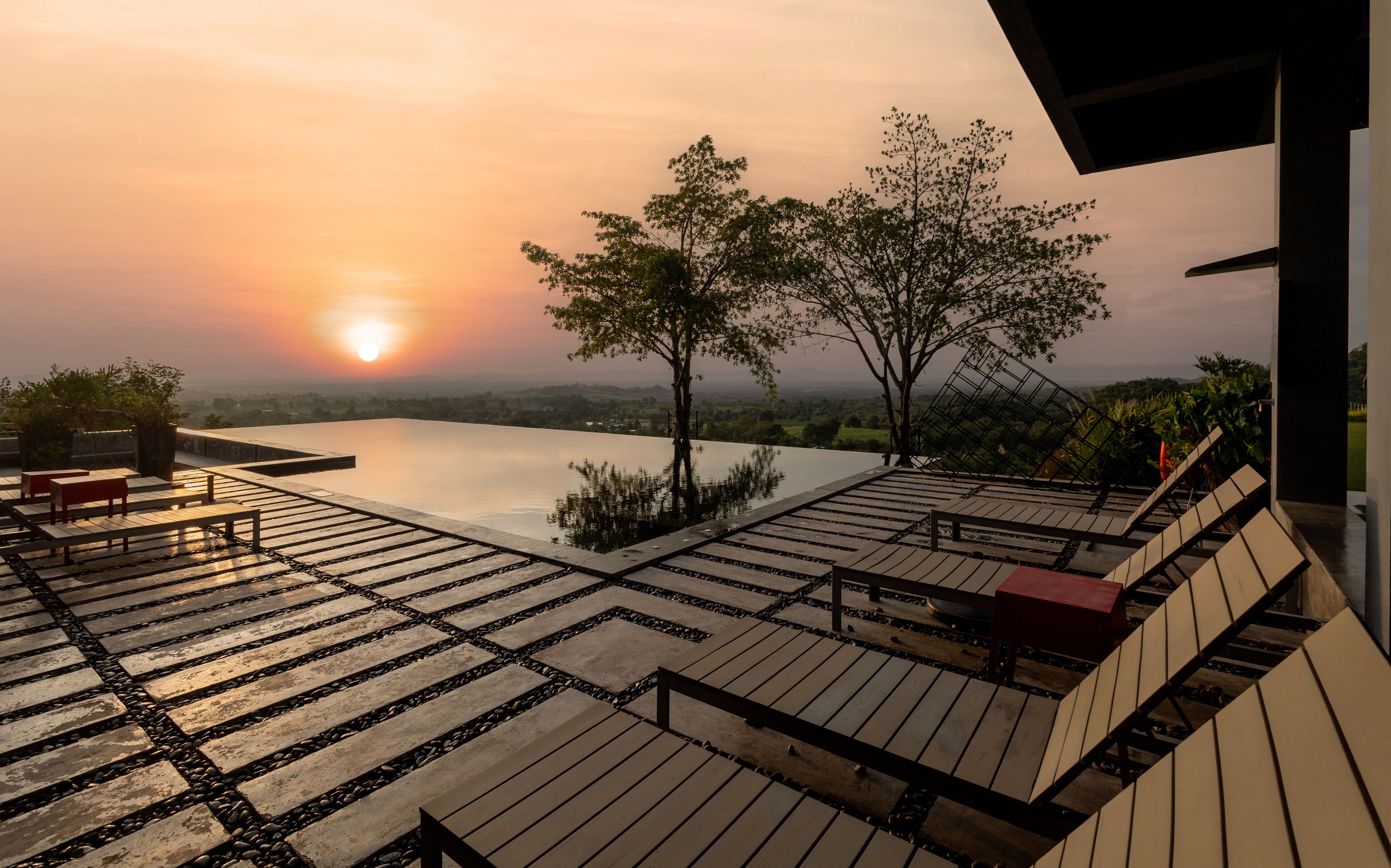 outdoor pool, pool loungers