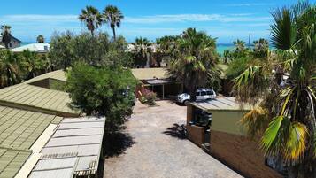 A residential area with a paved driveway leading to a covered parking area, surrounded by palm trees and a view of the ocean.