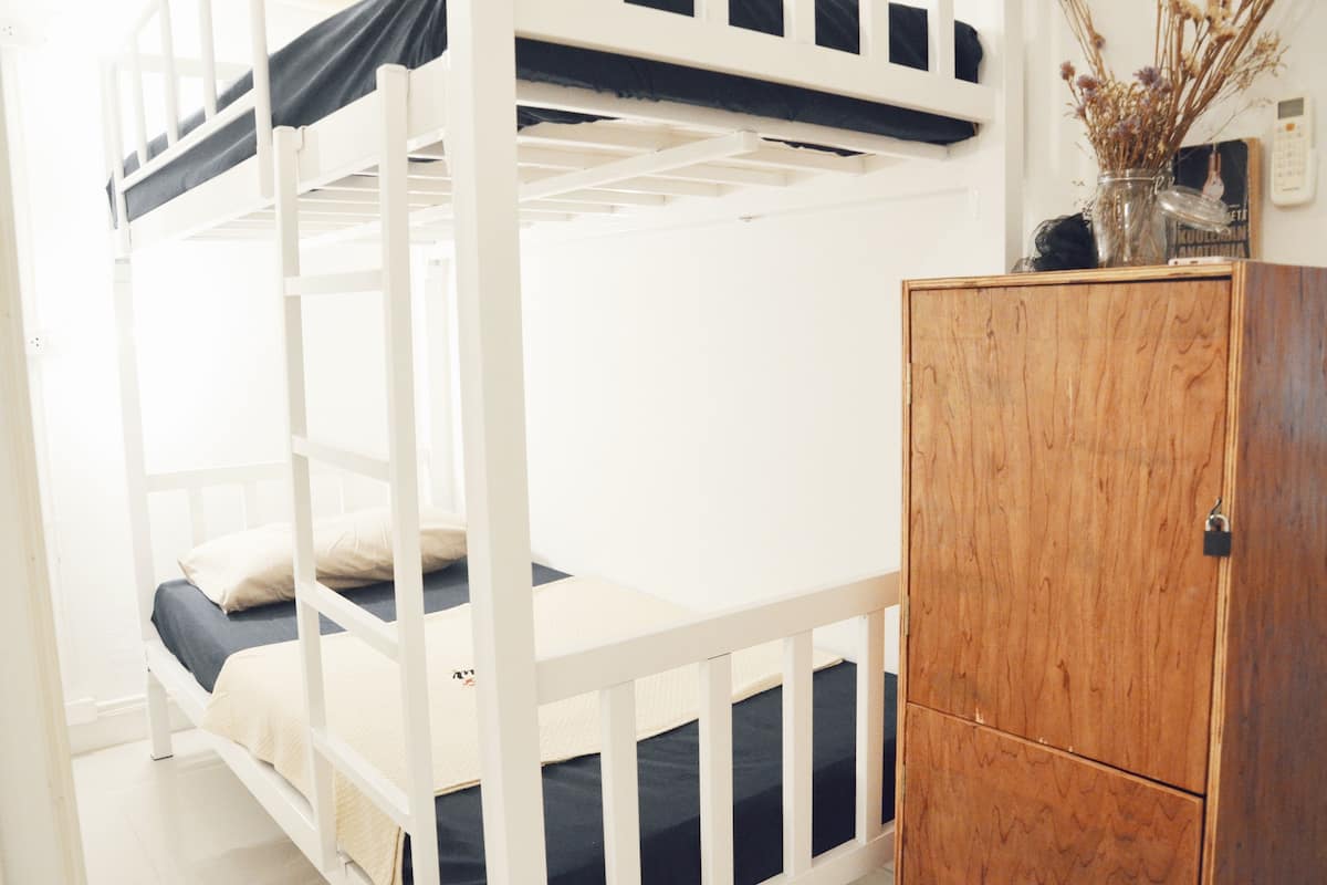 Una cama litera con un armario de madera a un lado.